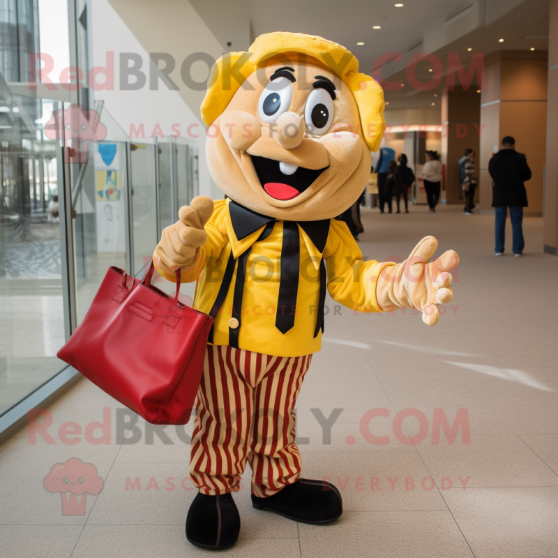 Gold Mime mascot costume character dressed with a Corduroy Pants and Handbags