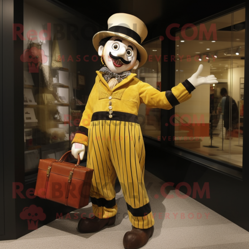 Gold Mime mascot costume character dressed with a Corduroy Pants and Handbags