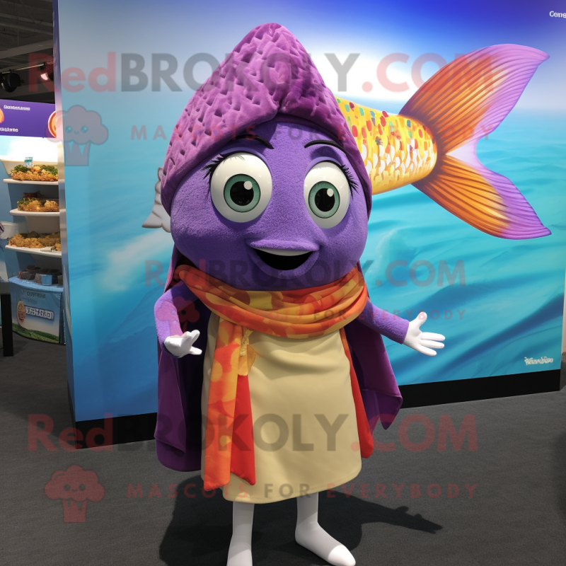 Lavender Fish Tacos mascot costume character dressed with a Mini Skirt and Scarves Lavender Fish Tacos mascot costume character dressed with a Mini Skirt and Scarves