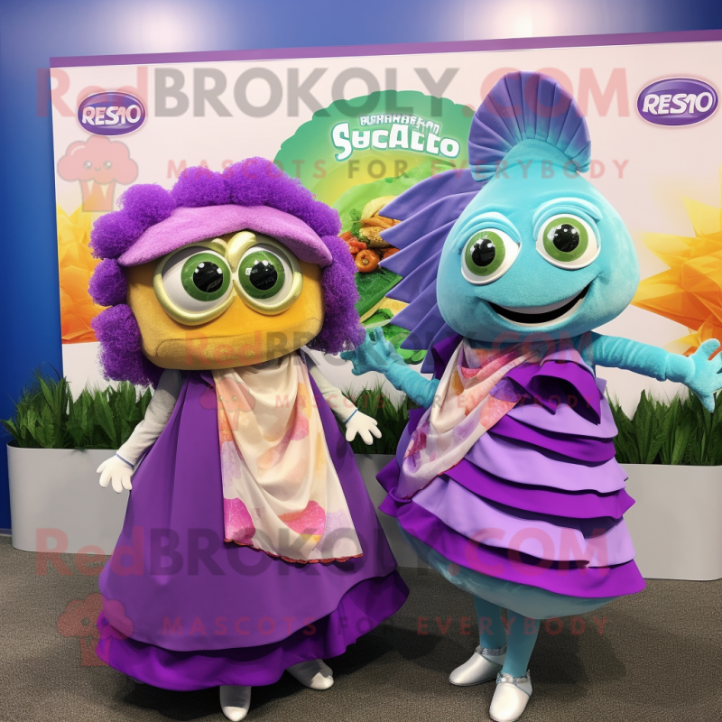 Lavender Fish Tacos mascot costume character dressed with a Mini Skirt and Scarves Lavender Fish Tacos mascot costume character dressed with a Mini Skirt and Scarves