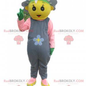 Geel karakter mascotte met een bloem en grijze overall -
