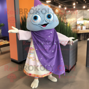 Lavender Fish Tacos mascot costume character dressed with a Mini Skirt and Scarves