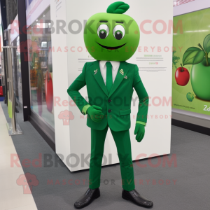 Green Cherry mascot costume character dressed with a Suit Pants and Lapel pins