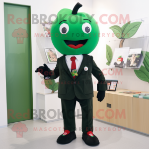 Green Cherry mascot costume character dressed with a Suit Pants and Lapel pins