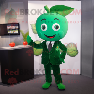 Green Cherry mascot costume character dressed with a Suit Pants and Lapel pins