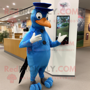 Blue Woodpecker mascot costume character dressed with a Suit Pants and Gloves