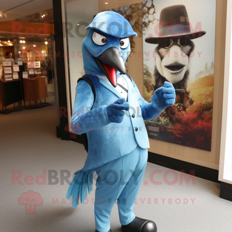 Blue Woodpecker mascot costume character dressed with a Suit Pants and Gloves