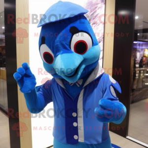 Blue Woodpecker mascot costume character dressed with a Suit Pants and Gloves