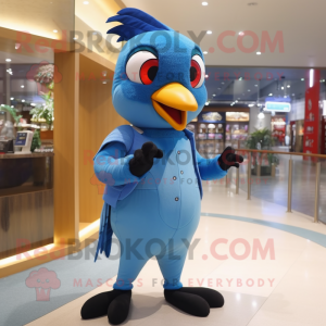 Blue Woodpecker mascot costume character dressed with a Suit Pants and Gloves