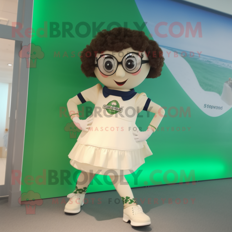Cream Irish Dancing Shoes mascot costume character dressed with a One-Piece Swimsuit and Eyeglasses Cream Irish Dancing Shoes mascot costume character dressed with a One-Piece Swimsuit and Eyeglasses