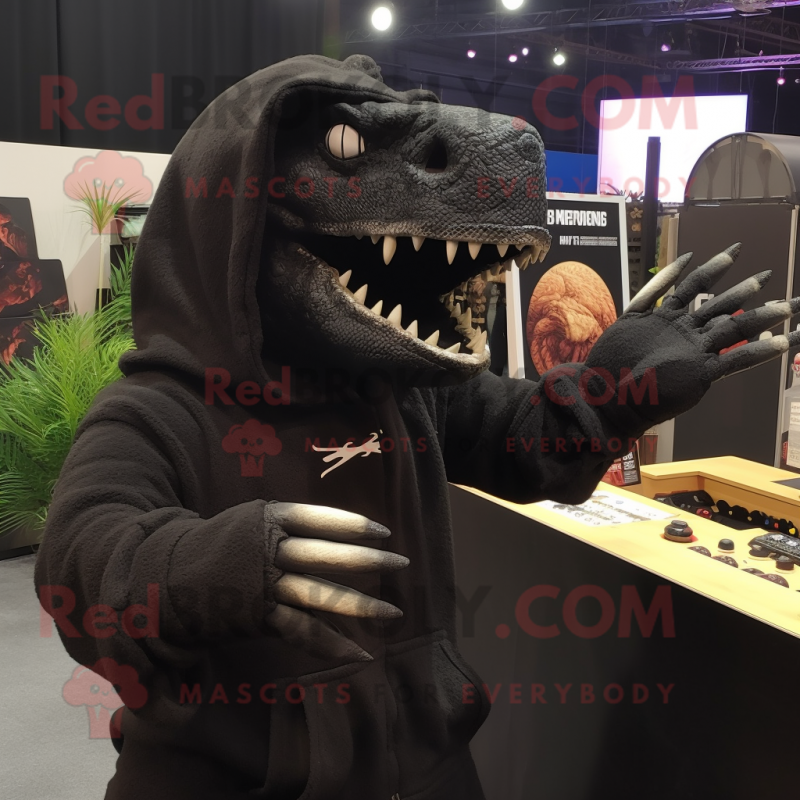 Black Tyrannosaurus mascot costume character dressed with a Hoodie and Shawl pins Black Tyrannosaurus mascot costume character dressed with a Hoodie and Shawl pins