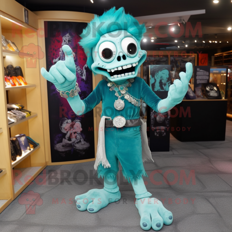 Turquoise Undead mascot costume character dressed with a Trousers and Bracelet watches