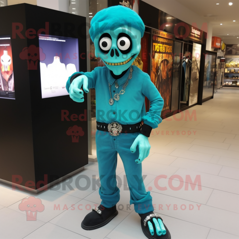 Turquoise Undead mascot costume character dressed with a Trousers and Bracelet watches Turquoise Undead mascot costume character dressed with a Trousers and Bracelet watches