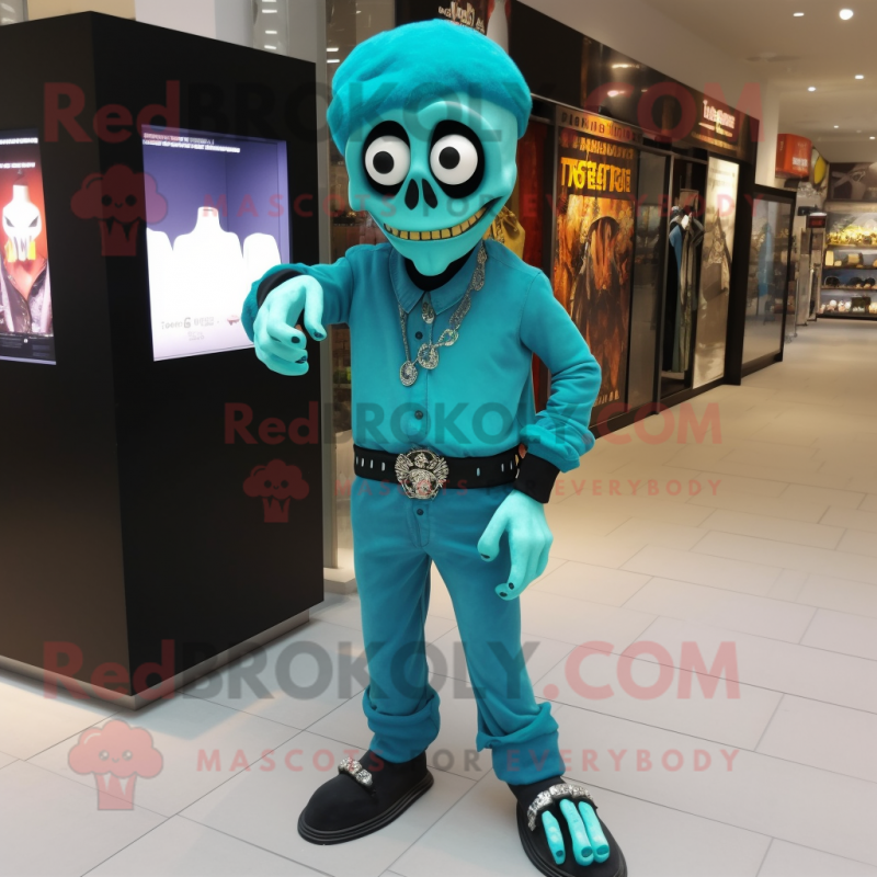 Turquoise Undead mascot costume character dressed with a Trousers and Bracelet watches