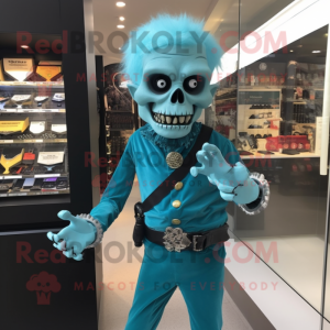 Turquoise Undead mascot costume character dressed with a Trousers and Bracelet watches