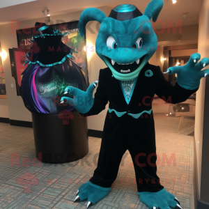 Teal Demon mascot costume character dressed with a Tuxedo and Bracelets