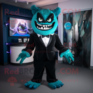 Teal Demon mascot costume character dressed with a Tuxedo and Bracelets