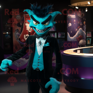 Teal Demon mascot costume character dressed with a Tuxedo and Bracelets