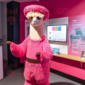 Pink Llama mascot costume character dressed with a Cover-up and Berets