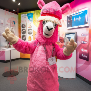 Pink Llama mascot costume character dressed with a Cover-up and Berets