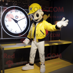 Lemon Yellow Mime mascot costume character dressed with a Bomber Jacket and Bracelet watches