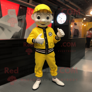 Lemon Yellow Mime mascot costume character dressed with a Bomber Jacket and Bracelet watches