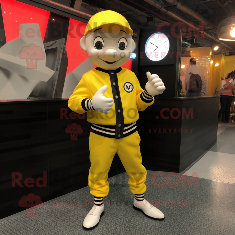 Lemon Yellow Mime mascot costume character dressed with a Bomber Jacket and Bracelet watches Lemon Yellow Mime mascot costume character dressed with a Bomber Jacket and Bracelet watches