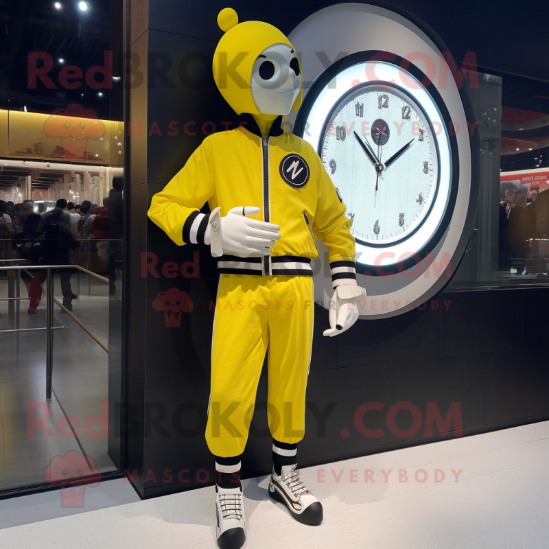 Lemon Yellow Mime mascot costume character dressed with a Bomber Jacket and Bracelet watches