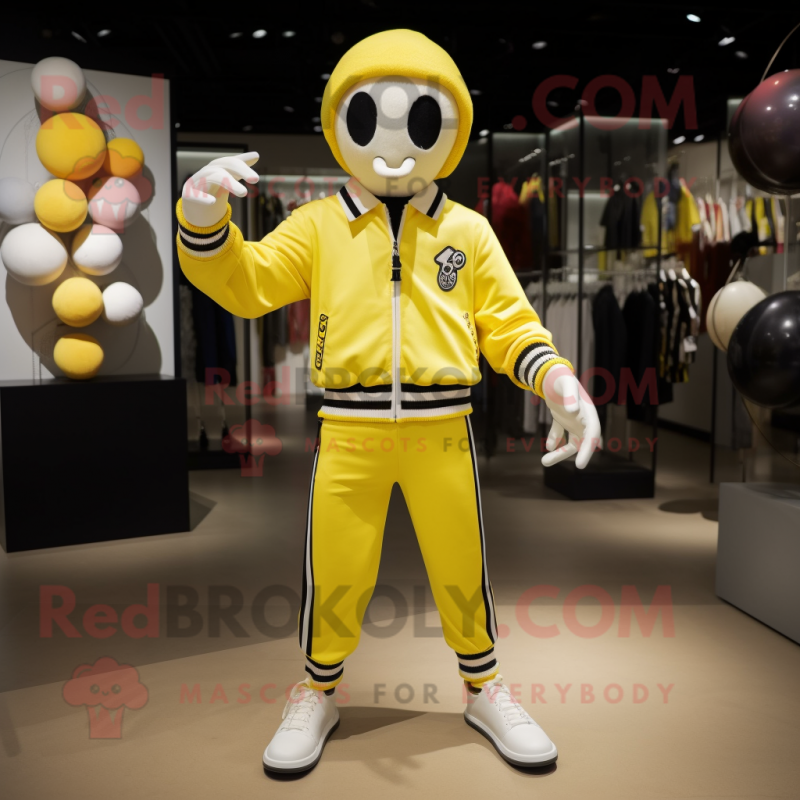 Lemon Yellow Mime mascot costume character dressed with a Bomber Jacket and Bracelet watches