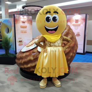 Gold Donut mascot costume character dressed with a Maxi Skirt and Ties