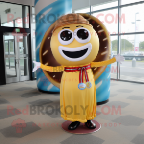 Gold Donut mascot costume character dressed with a Maxi Skirt and Ties