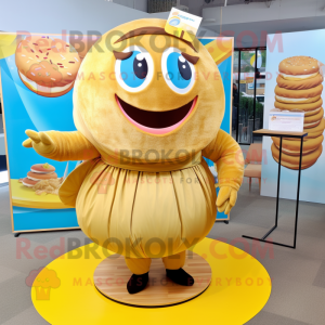 Gold Donut mascot costume character dressed with a Maxi Skirt and Ties