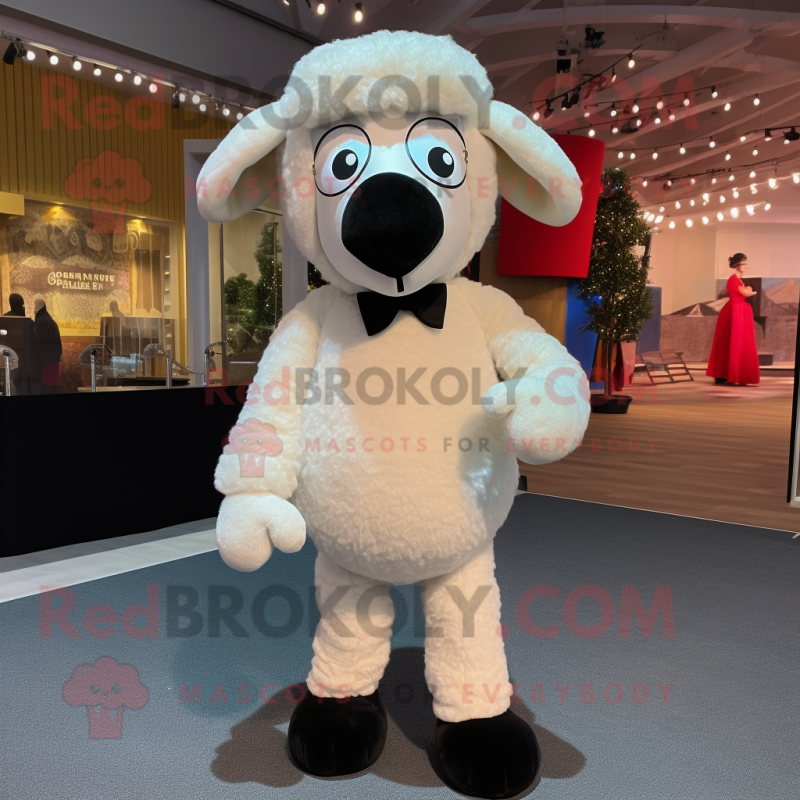 Cream Merino Sheep mascot costume character dressed with a Suit Pants and Bow ties