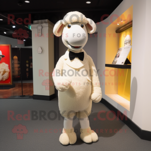 Cream Merino Sheep mascot costume character dressed with a Suit Pants and Bow ties