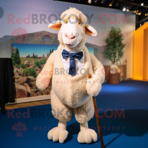 Cream Merino Sheep mascot costume character dressed with a Suit Pants and Bow ties