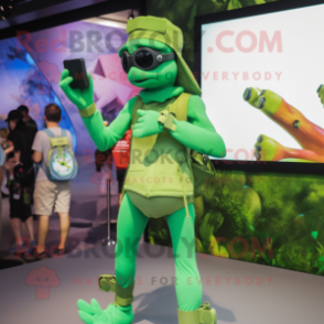 Green Sniper mascot costume character dressed with a One-Piece Swimsuit and Smartwatches