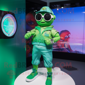 Green Sniper mascot costume character dressed with a One-Piece Swimsuit and Smartwatches
