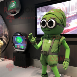 Green Sniper mascot costume character dressed with a One-Piece Swimsuit and Smartwatches