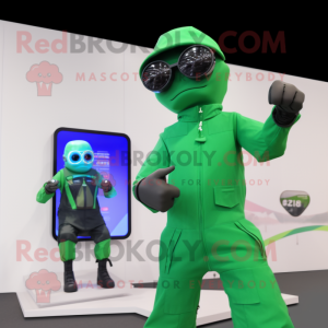Green Sniper mascot costume character dressed with a One-Piece Swimsuit and Smartwatches