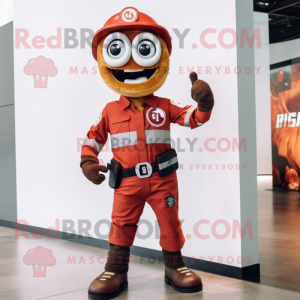 Rust Fire Fighter mascot costume character dressed with a Skinny Jeans and Smartwatches