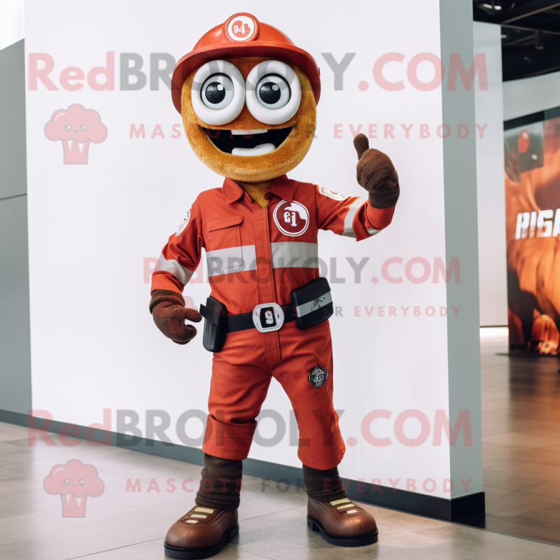 Rust Fire Fighter mascot costume character dressed with a Skinny Jeans and Smartwatches Rust Fire Fighter mascot costume character dressed with a Skinny Jeans and Smartwatches