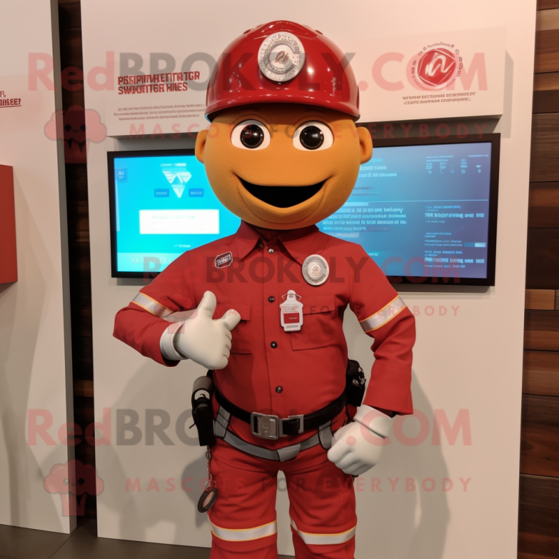 Rust Fire Fighter mascot costume character dressed with a Skinny Jeans and Smartwatches