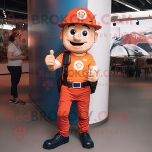 Rust Fire Fighter mascot costume character dressed with a Skinny Jeans and Smartwatches