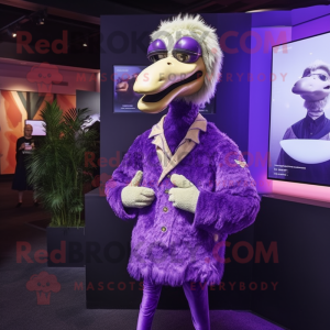 Purple Ostrich mascot costume character dressed with a Turtleneck and Lapel pins