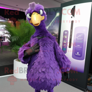 Purple Ostrich mascot costume character dressed with a Turtleneck and Lapel pins