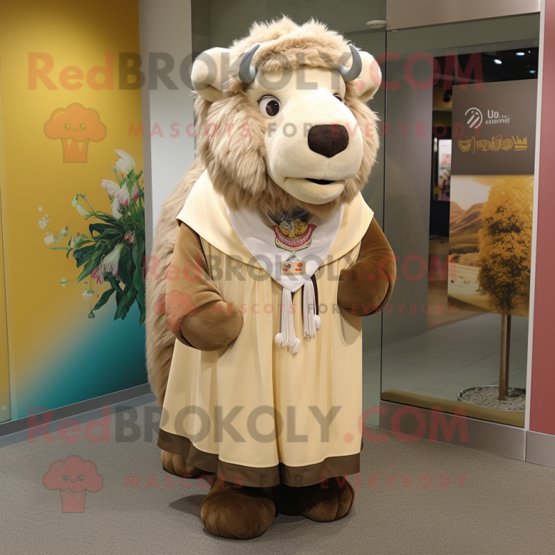 Beige Bison mascot costume character dressed with a A-Line Skirt and Scarves Beige Bison mascot costume character dressed with a A-Line Skirt and Scarves