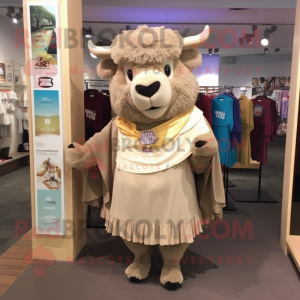 Beige Bison mascot costume character dressed with a A-Line Skirt and Scarves