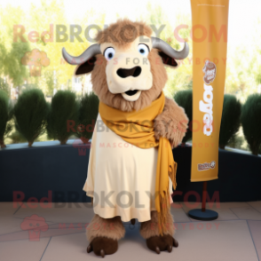 Beige Bison mascot costume character dressed with a A-Line Skirt and Scarves