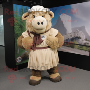 Beige Bison mascot costume character dressed with a A-Line Skirt and Scarves