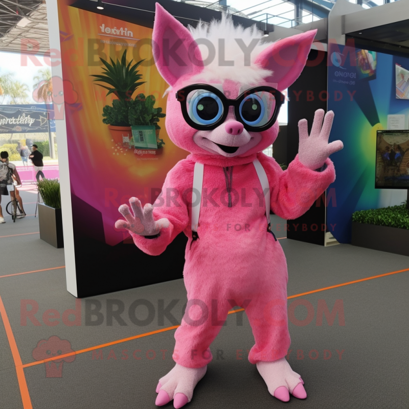 Pink Chupacabra mascot costume character dressed with a Long Sleeve Tee and Eyeglasses